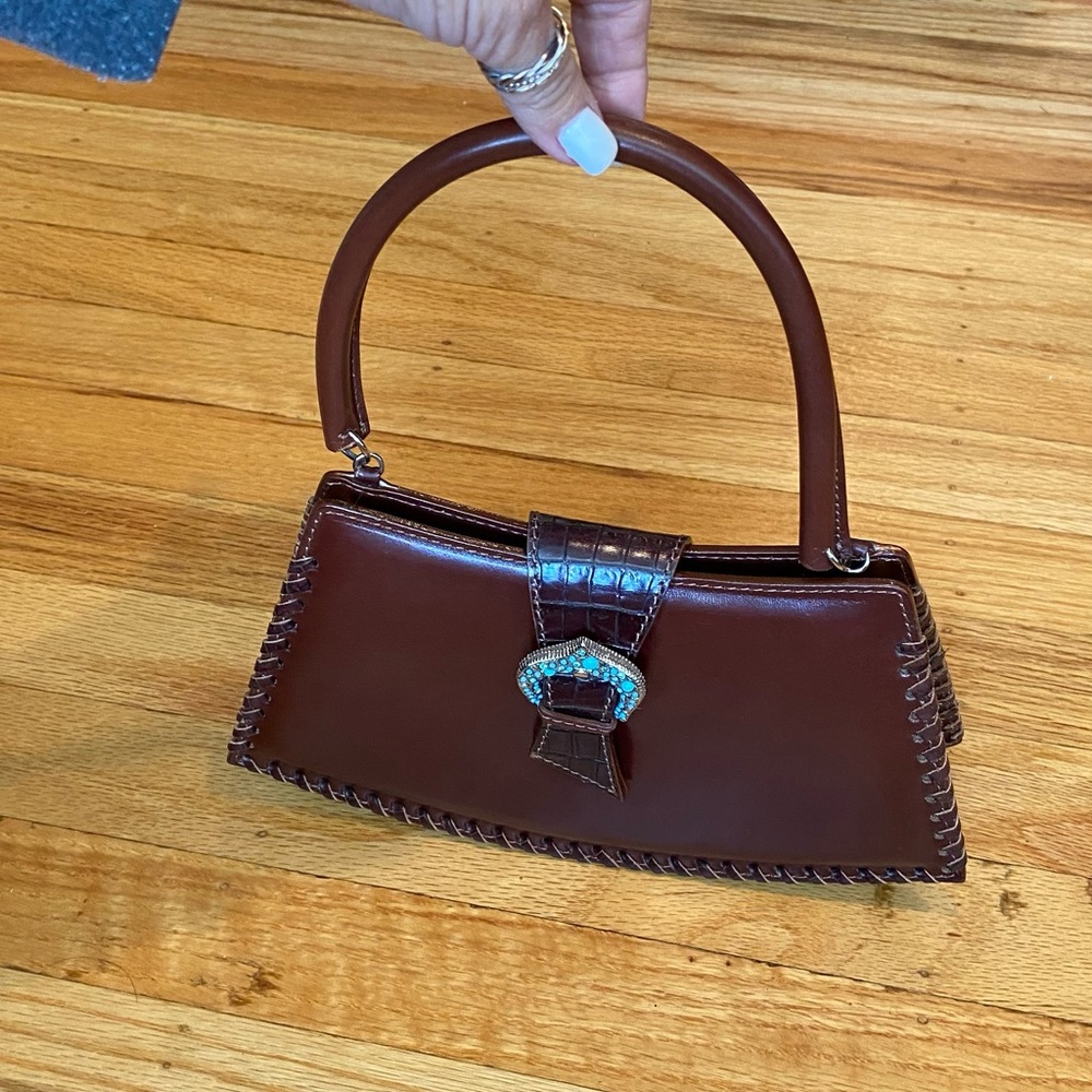 Women’s Evening satchel couture bag with turquoise and leather strap . Boutique